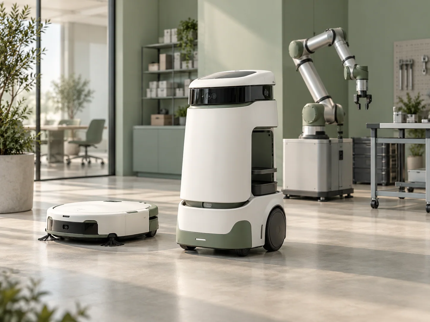 Concept illustration of service robots and a collaborative robot arm in a modern robotics lab.